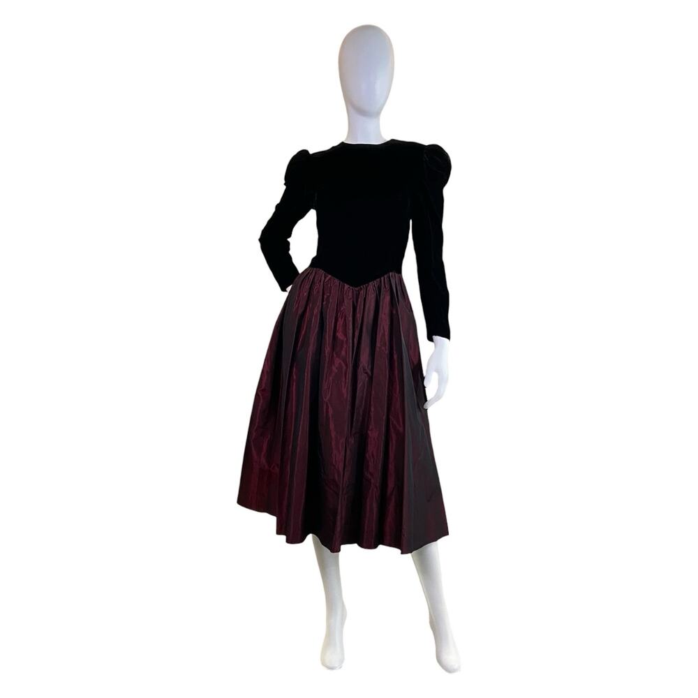 1980s Vintage Black Velvet Burgundy Taffeta Victorian Revival Formal Dress